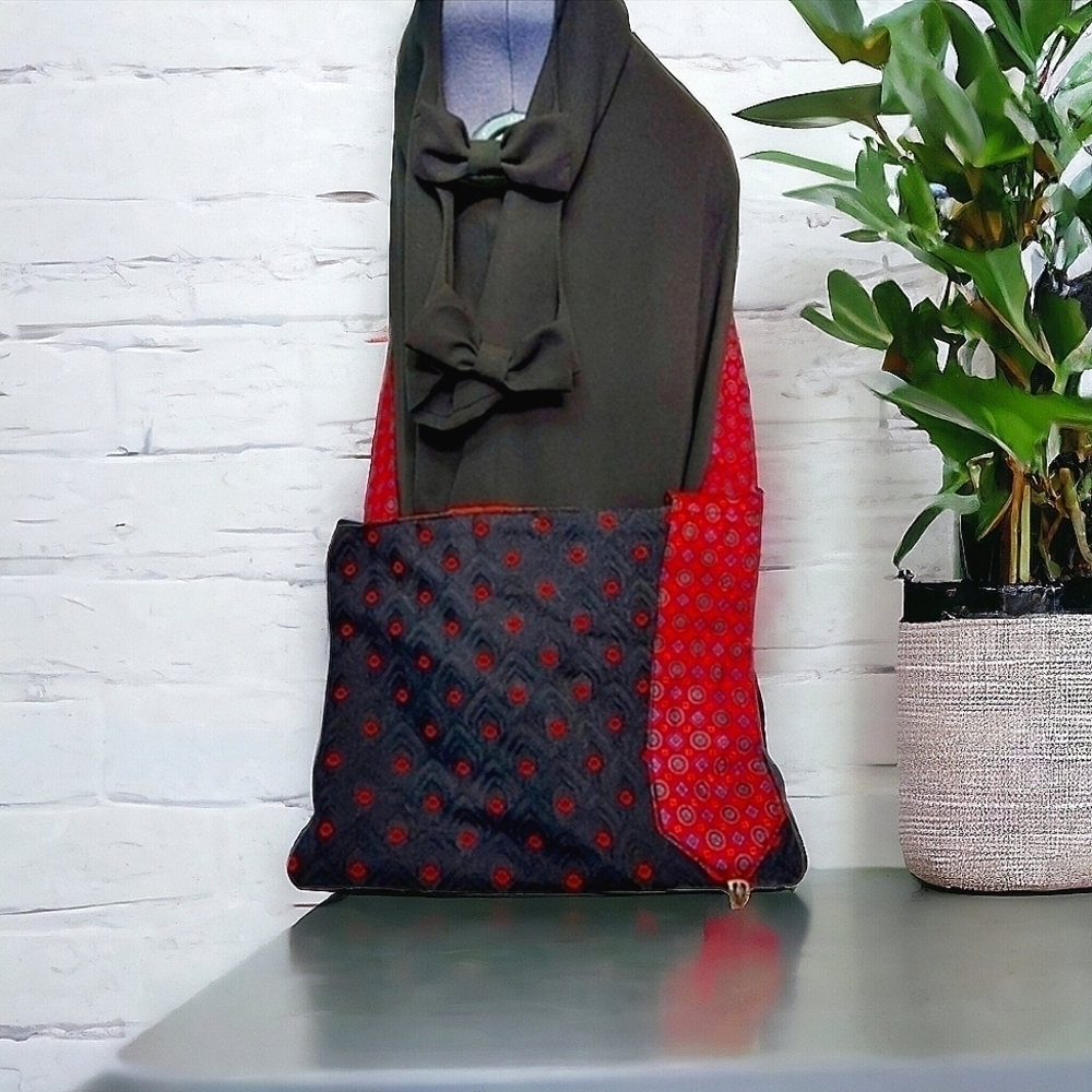 Handcrafted Black And Red Crossbody Bag With Vintage Silk Tie Strap